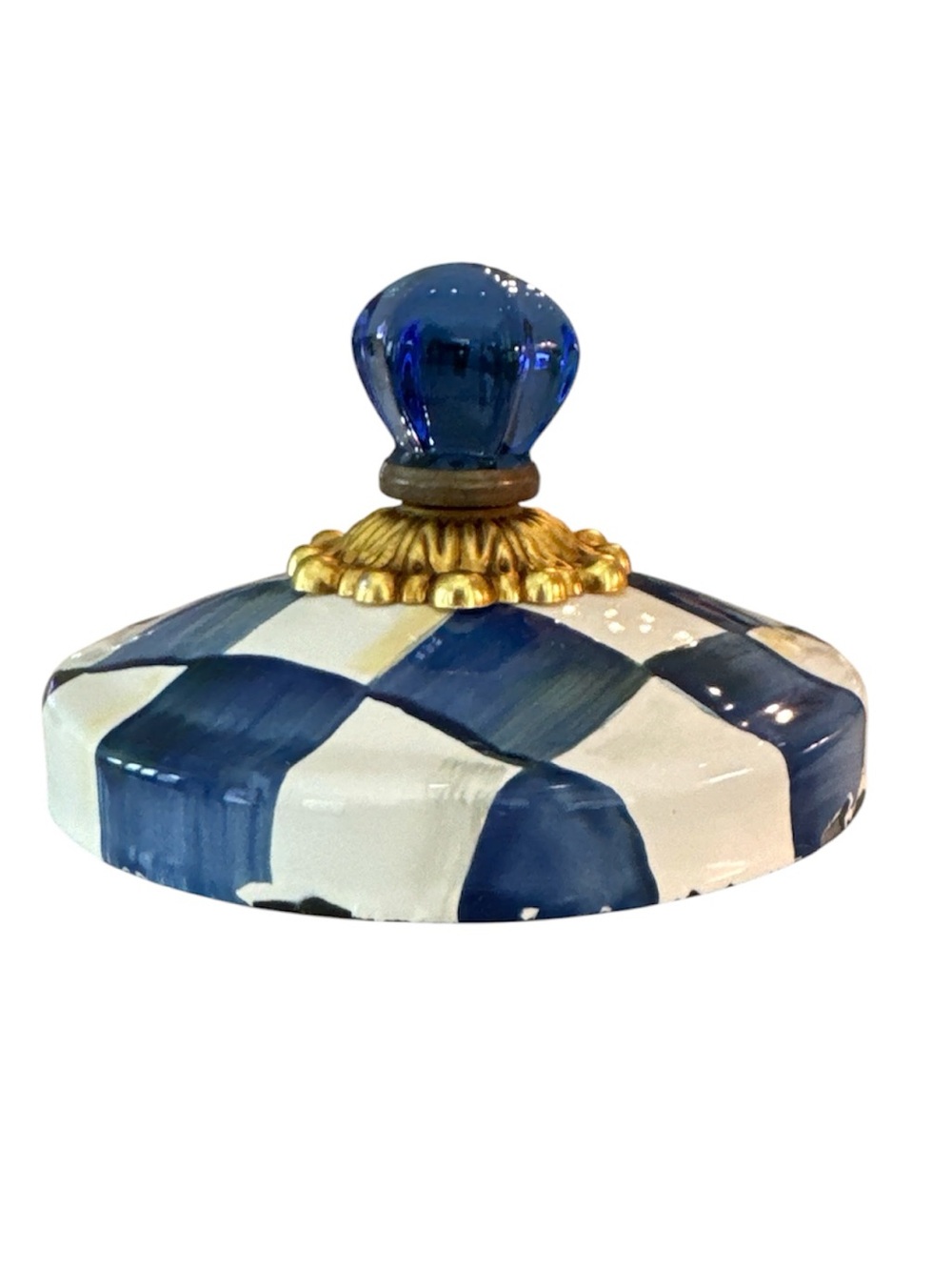 MacKenzie Childs Royal Check Sweets Jar Replacement Lid Enamel Blue White Gold - Picture 8 of 9